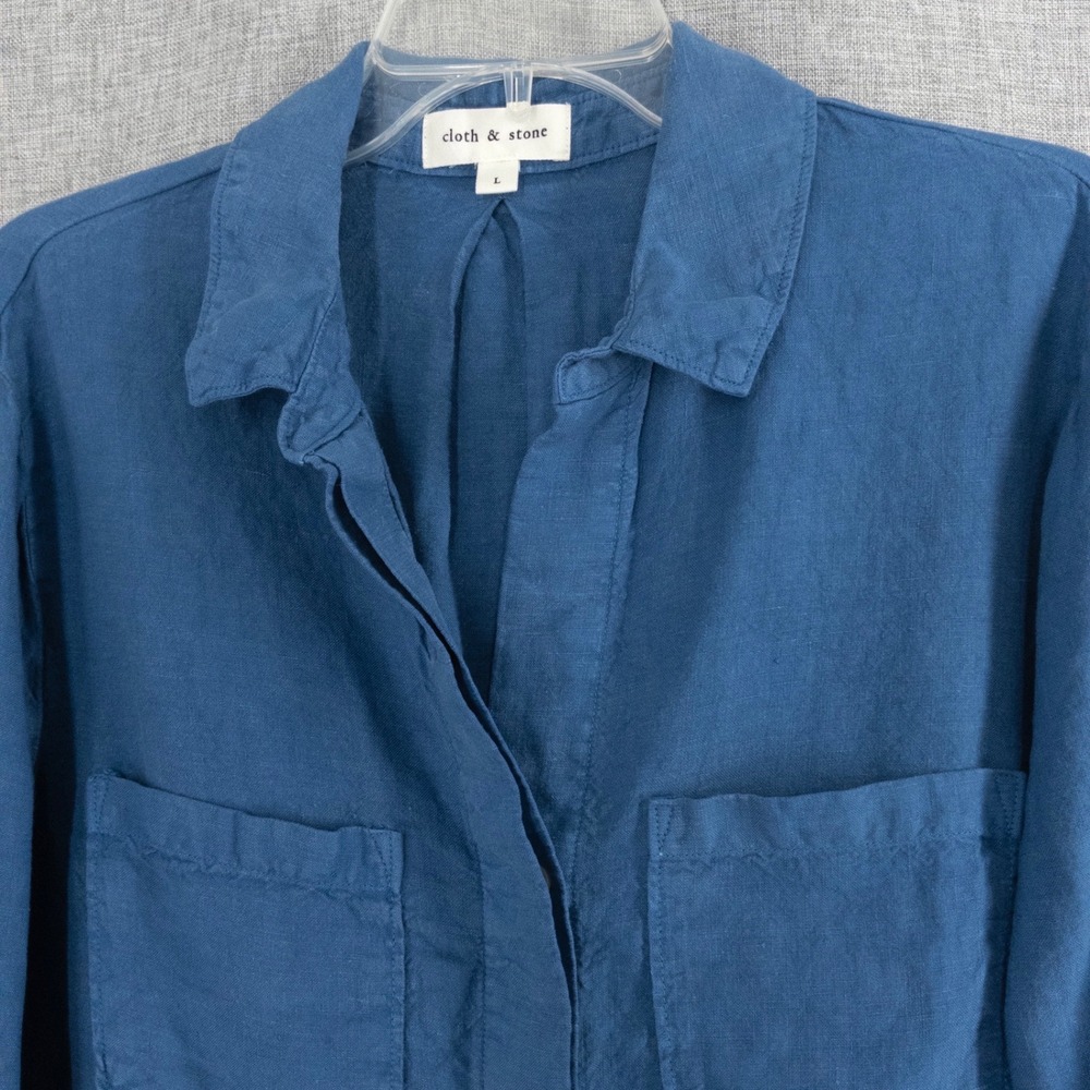 Cloth & Stone Anthro Womens Large  Skyscape Linen Blue Hi Low Shirt Split Back
